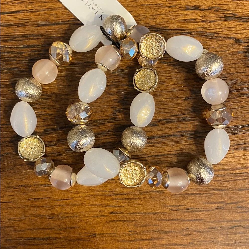 Ann Taylor Beaded Stretch Bracelet Stack Set Gold Cream Champagne NWT